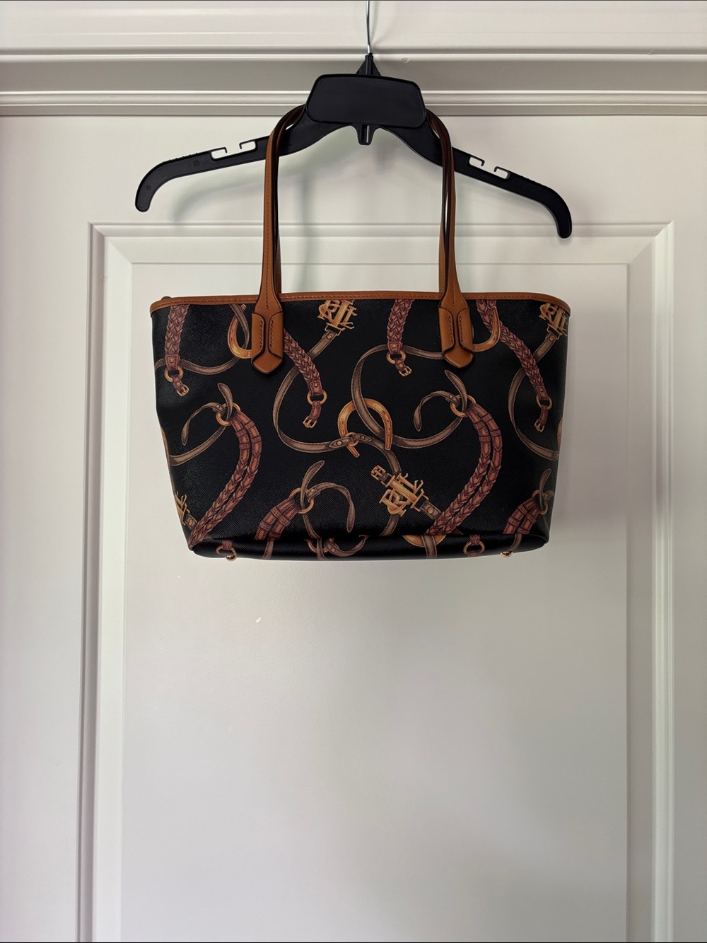 New w/o Tags - Ralph Lauren Black Tote with Tan Equestrian Print & Tan Trim - Picture 2 of 4